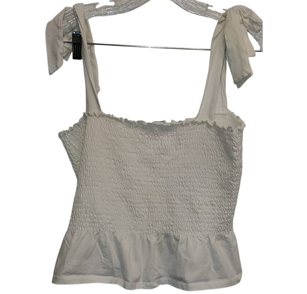 Bar III Women's White Stretch Smocked Tank Top Tie Sleeves Size XL